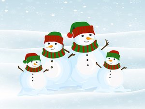 Vier illustierte Schneemänner mit Mütze und Schal stehen in einer Schneelandschaft