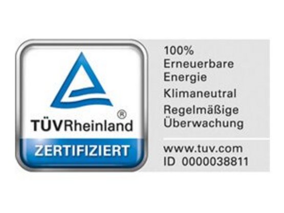 Zertifiziert vom TÜV Rheinland: 100% Erneuerbare Energie, Klimaneutral, Regelmäßige Überwachung